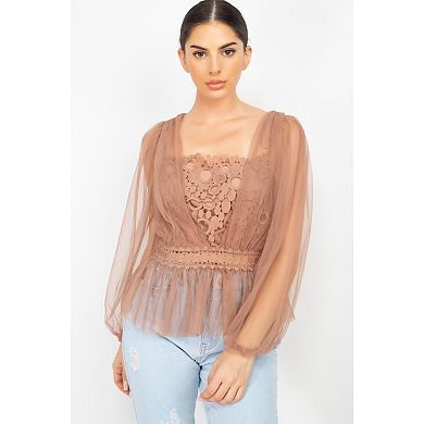 Sheer Mesh Crochet Peplum Top