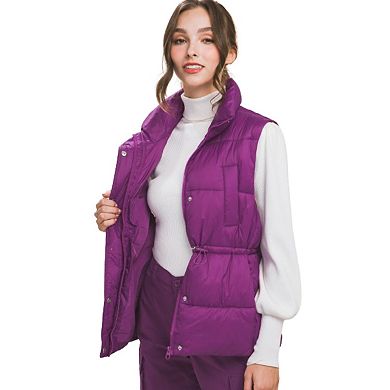 Zip Up Button Puffer Vest With Waist Toggles