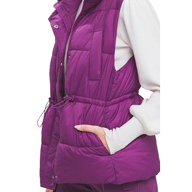 Zip Up Button Puffer Vest With Waist Toggles