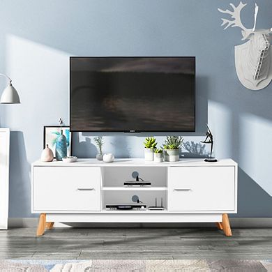 Wooden Tv Stand With 2 Storage Cabinets  And 2 Open Shelves
