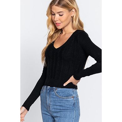 Long Sleeve V-neck Cable Sweater - S - Honeycomb