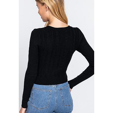 Long Sleeve V-neck Cable Sweater - S - Honeycomb