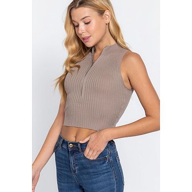 Sleeveless Rib Sweater Top With Zipper