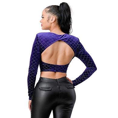 Velvet Diamond Buttons Open Back Square Neck Long Sleeves Cropped Top