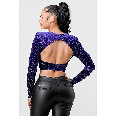 Velvet Diamond Buttons Open Back Square Neck Long Sleeves Cropped Top