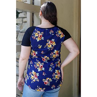 Plus Floral Print & Ribbed Black Colorblock Top