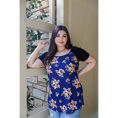 Plus Floral Print & Ribbed Black Colorblock Top