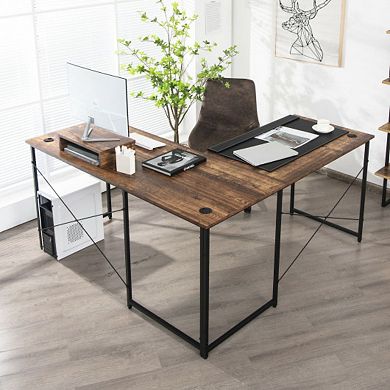 2-person L-shaped Long Reversible Computer Desk With Monitor Stand