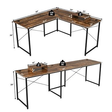 2-person L-shaped Long Reversible Computer Desk With Monitor Stand