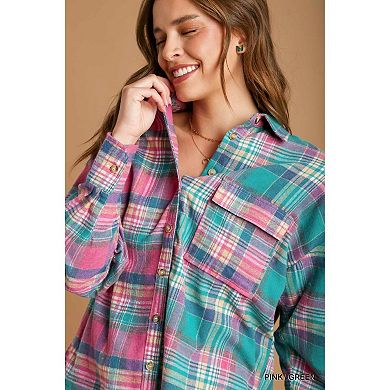 Mixed Plaid Boxy Cut Button Down Flannel With Front Pocket