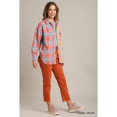 Mixed Plaid Boxy Cut Button Down Flannel With Front Pocket