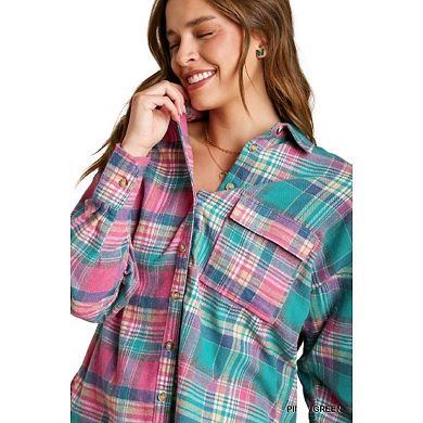 Mixed Plaid Boxy Cut Button Down Flannel With Front Pocket