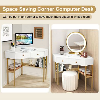 Corner Computer Desk With 2 Large Drawers And Storage Shelf