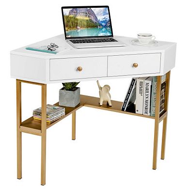 Corner Computer Desk With 2 Large Drawers And Storage Shelf