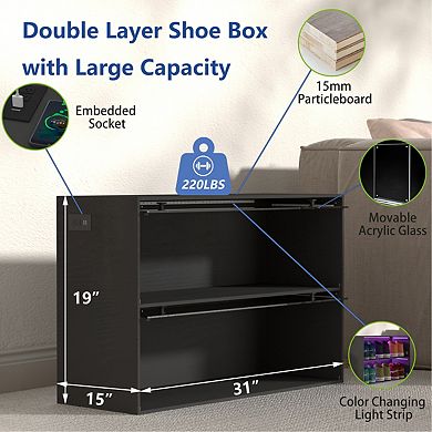 Shoe Storage Box, Wooden Stackable Shoe Storage Box With Sliding Glass Door, Shoe Organizer