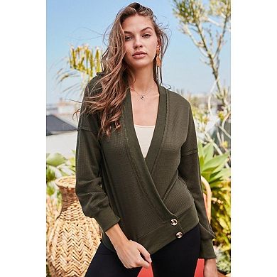 Overwrap Front Button Detail Long Sleeve Knit Top