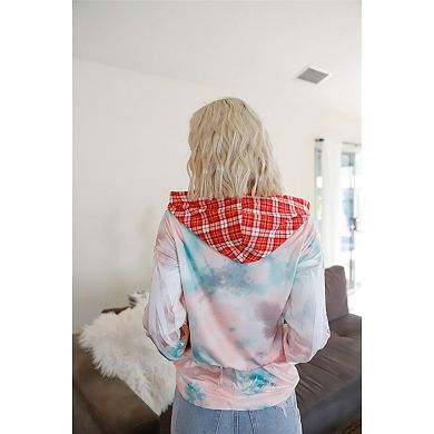 Feather & Tie-dye Print Contrast Plaid Hood Sweater