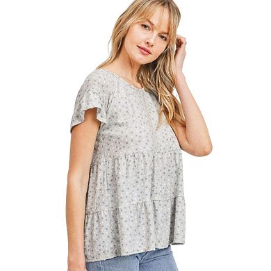 Dot Textured Print Jersey Ruffled Short Sleeve Top