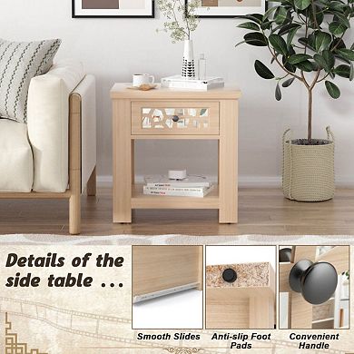 Wood Retro End Table With Mirrored Glass Drawer And Open Storage Shelf