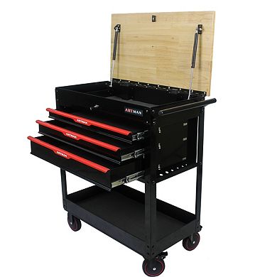 3 Drawers Multifunctional Tool Cart With Wheels And Wooden Top