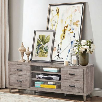 Wooden Tv Stand With 3 Open Shelves And 4 Drawers