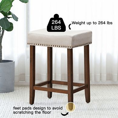 2 Pieces Nailhead Saddle Bar Stools With Fabric Seat And Wood Legs