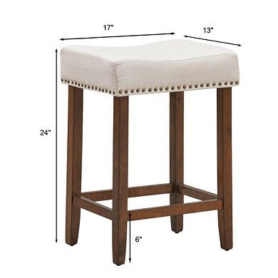 2 Pieces Nailhead Saddle Bar Stools With Fabric Seat And Wood Legs