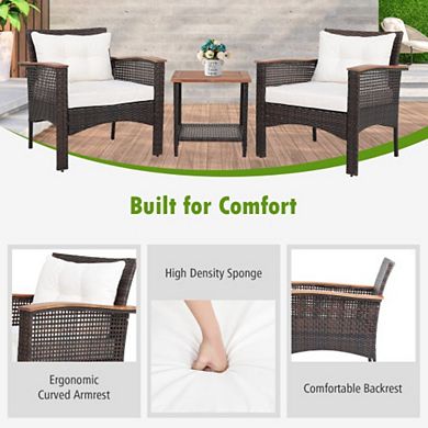 3 Pieces Patio Rattan Furniture Set With Acacia Wood Tabletop