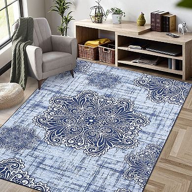 Glowsol Indoor Vintage Floral Print Area Rug Soft Non Slip Oriental Carpet Mat