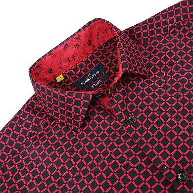 Azaro Uomo Men Slim Fit Four-way Stretch Geometric Long Sleeve Button Down