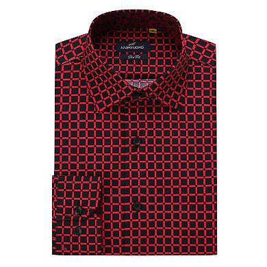 Azaro Uomo Men Slim Fit Four-way Stretch Geometric Long Sleeve Button Down