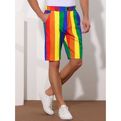 Rainbow Striped Shorts For Men's Summer Casual Flat Front Printed Shorts