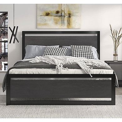 Queen Black Metal Platform Bed Frame With Wood Panel Headboard And Footboard