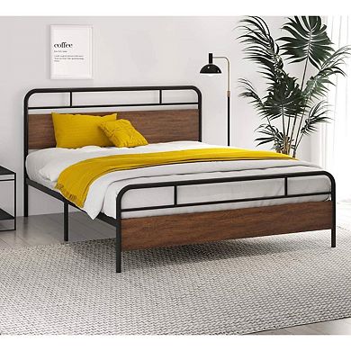 Queen Size Industrial Metal Wood Platform Bed Frame With Headboard And Footboard