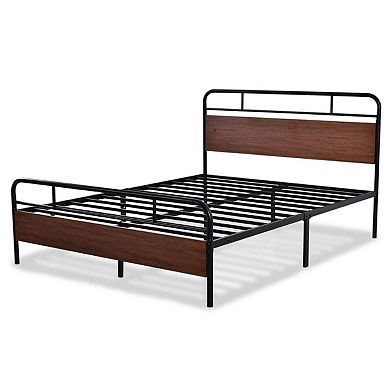 Queen Size Industrial Metal Wood Platform Bed Frame With Headboard And Footboard