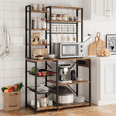 Bakers Rack with Power Outlet, Microwave Stand with 2 Wire Drawer