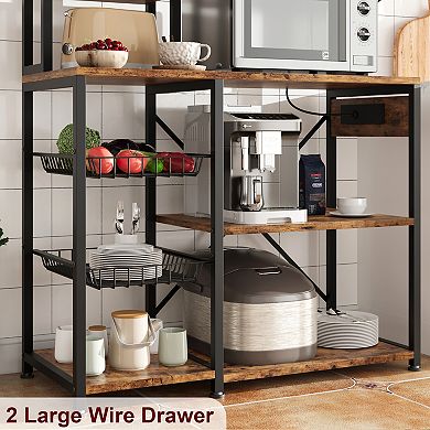 Bakers Rack with Power Outlet, Microwave Stand with 2 Wire Drawer