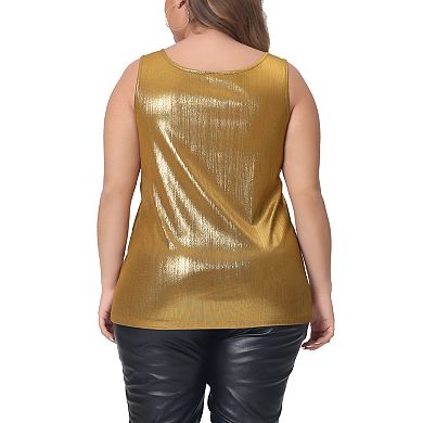 Plus Size Tops For Women Shiny Metallic Tank Top Shirt Round Neck Sleeveless Party Tee Blouse