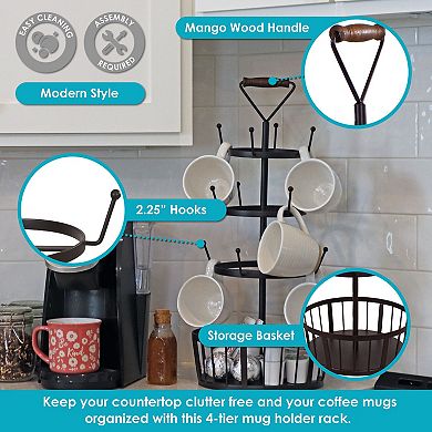 Sunnydaze Round 4-tier Iron Coffee Mug Tree Holder With Hooks - Brown