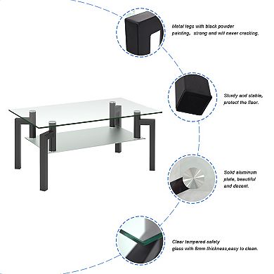 F.C Design Rectangle Black Glass Coffee Table, Clear Coffee Table, Modern Side Center Tables