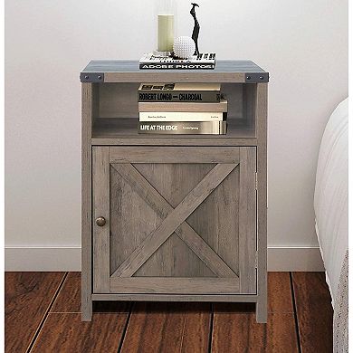 Farmhouse Style End Table Barn Door Nightstand With Open Shelf In Rustic Oak