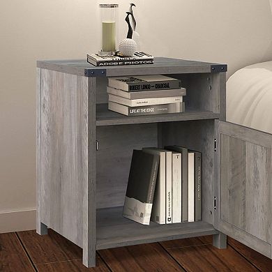 Farmhouse Style End Table Barn Door Nightstand With Open Shelf In Rustic Oak