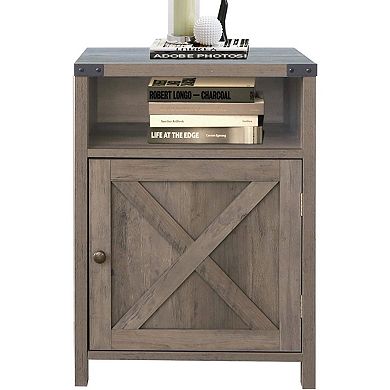 Farmhouse Style End Table Barn Door Nightstand With Open Shelf In Rustic Oak