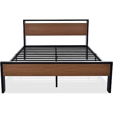 Queen Metal Platform Bed With Walnut Finish Wood Panel Headboard Footboard