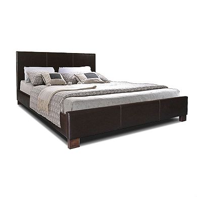 Queen Size Dark Brown Faux Leather Upholstered Platform Bed Frame With Headboard