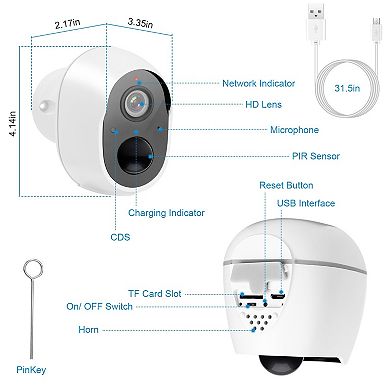 White, 1080p Fhd Wifi Ip Camera Two-way Audio Security Surveillance Camera