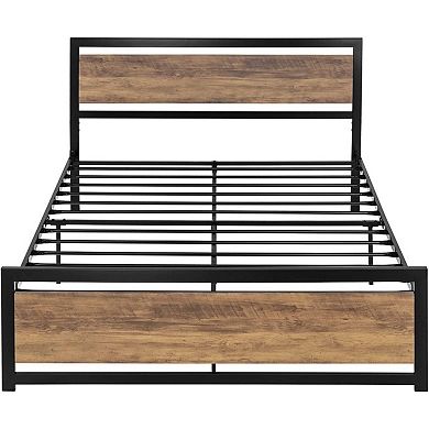 Queen Metal Platform Bed Frame With Brown Wood Panel Headboard And Footboard