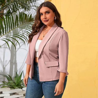 Womens Plus Size Casual Pocketed Blazer Office Open Front 3/4 Sleeve Cardigans Jacket Work Suit