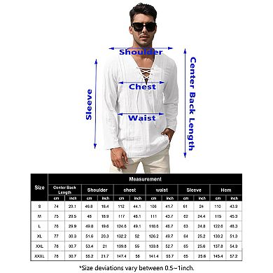 Men's Cotton Linen Henley Shirt Lace Up Long Sleeve V Neck Casual Beach Hippie Shirts