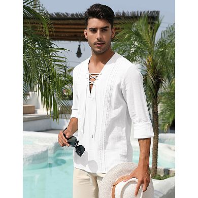 Men's Cotton Linen Henley Shirt Lace Up Long Sleeve V Neck Casual Beach Hippie Shirts